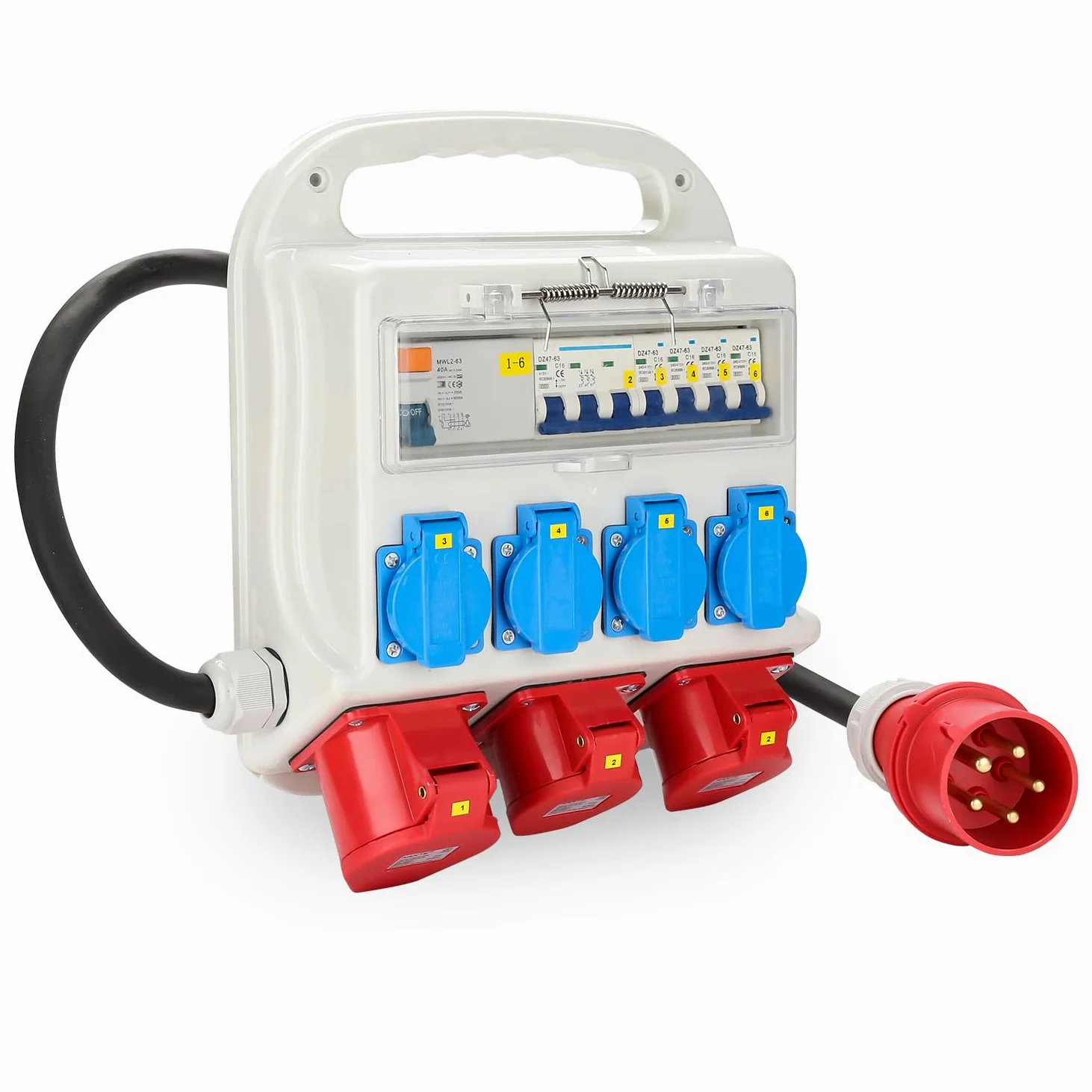 Fiqops Distribuidor de corriente para construcción, 32 A, 4 x 230 V, 2 x 16 A, 1 x 32 A, 400 V, CEE de 5 pines, distribuidor de pared con interruptor FI/LS, IP44 con tapa abatible de seguridad y