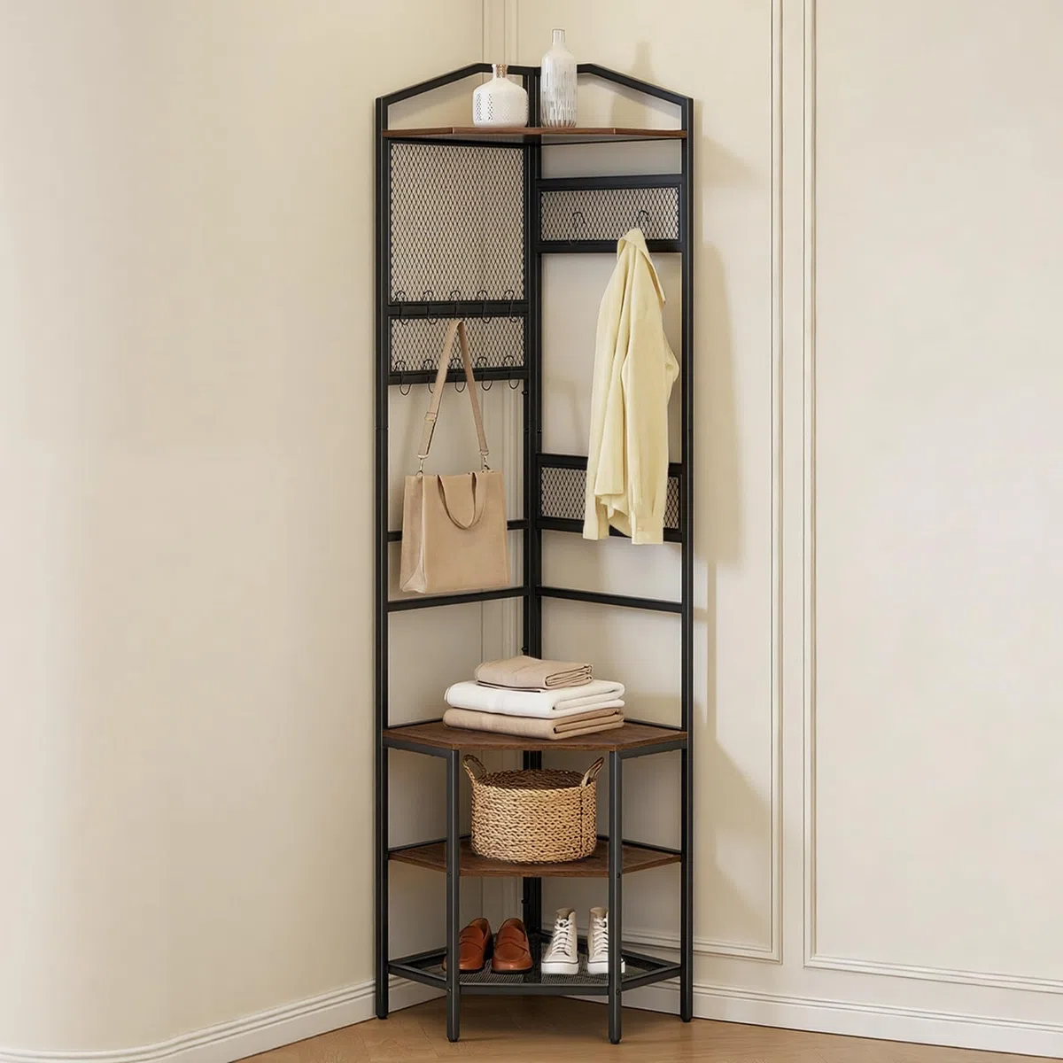 VEVOR Perchero de Esquina 181 cm, Organizador de Ropa con Ganchos y Estante Superior, Armario Abierto con Zapatero, Recibidor de Ropa para Entrada Pasillos Dormitorio Sala de Estar, Marrón y Negro