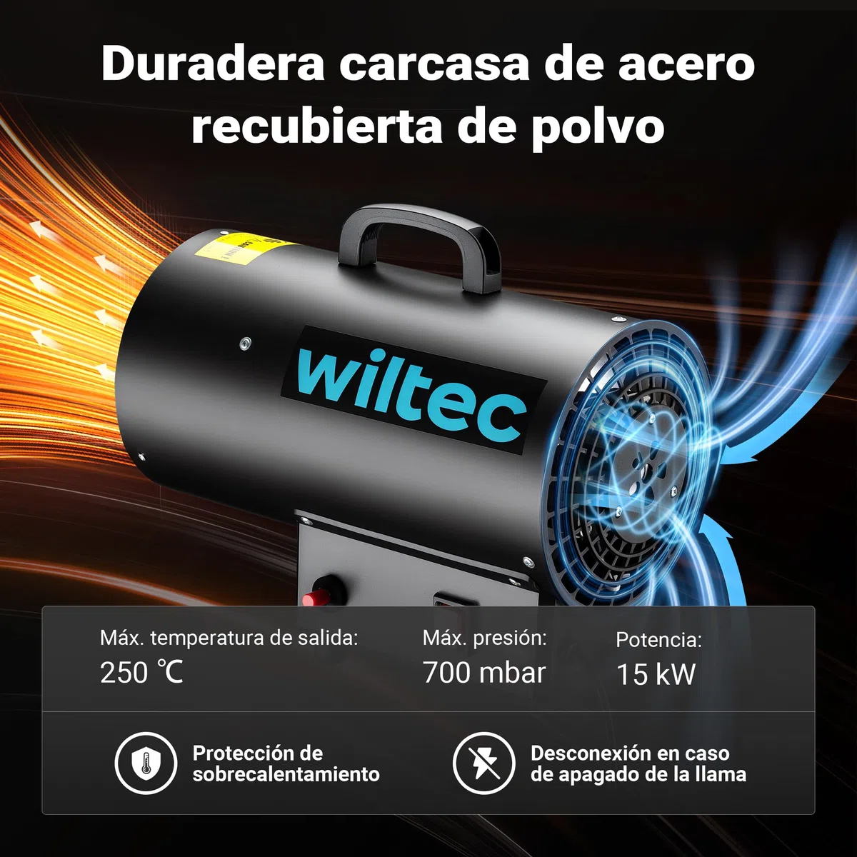 Wiltec Cañón de aire caliente a gas de acero inoxidable 15kW calentador de gas generador de aire caliente