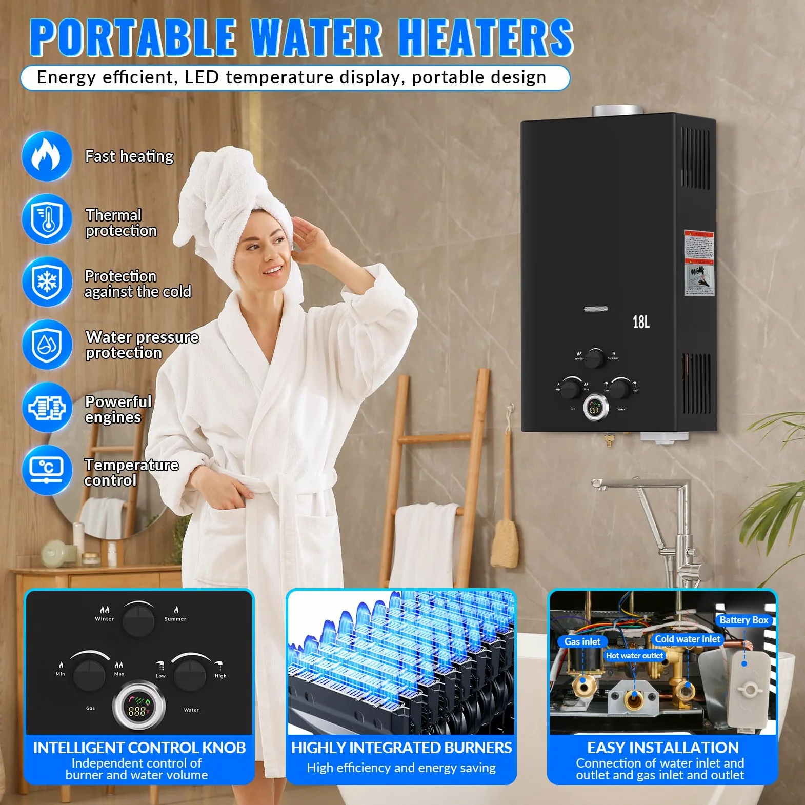Calentador de Agua a Gas, 18L Calentador de Agua LPG Instantáneo, Calentador de Agua Sin Tanque Con Pantalla LED, Para Duchas al Aire Libre [Clase de eficiencia energética A]