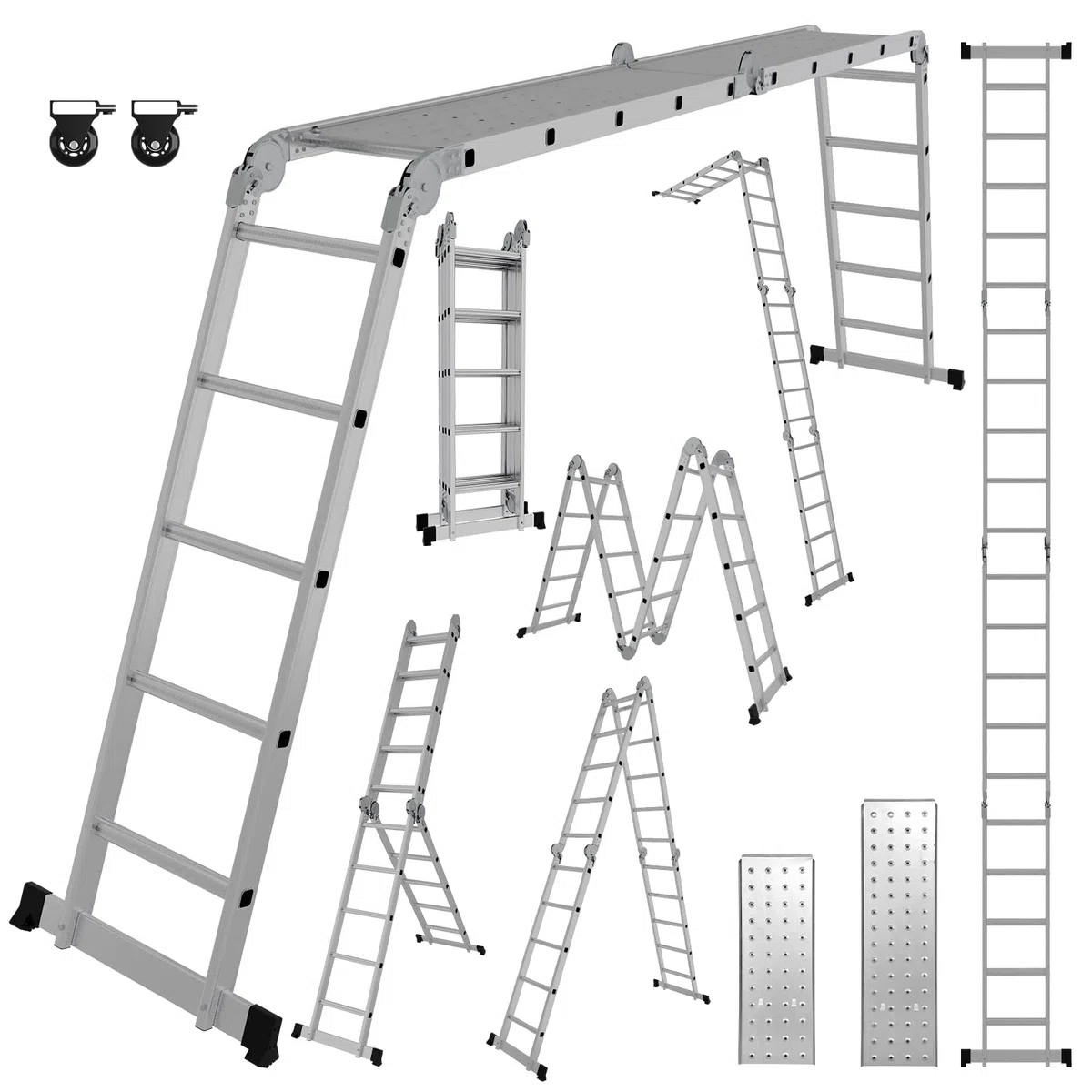 Ikodm Escalera multifunción de Aluminio de 4 x 5 peldaños, 5,82 m, 7 en 1, hasta 150 kg, con 2 Ruedas de Transporte y 2 Plataformas, Escalera articulada Plegable