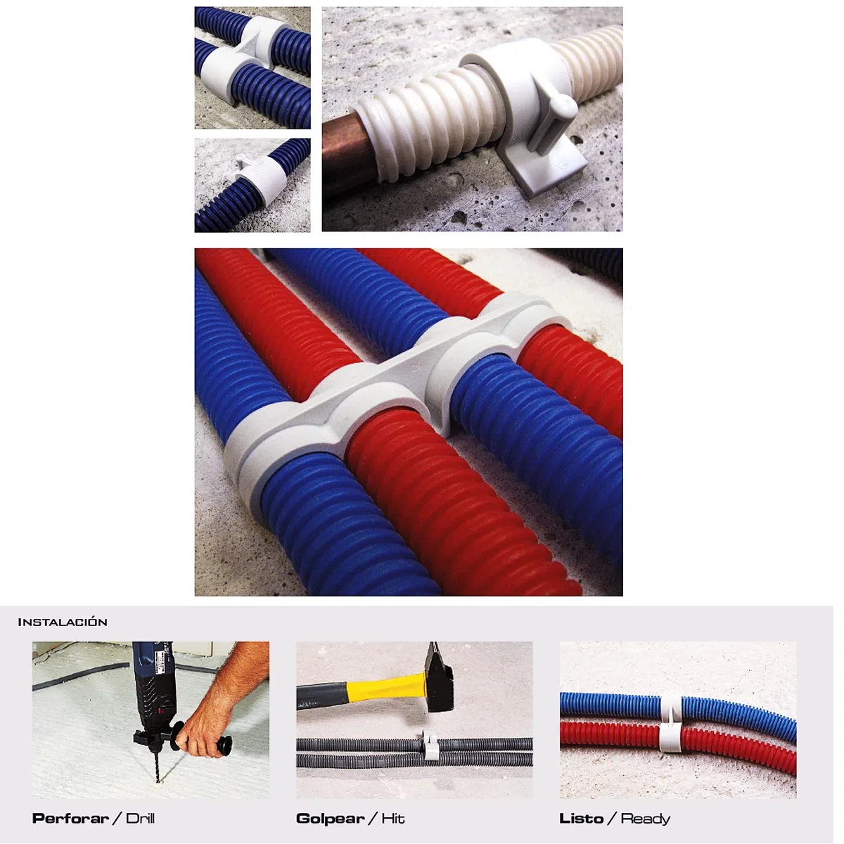 Bricoloco Abrazadera doble de nylon para sujección de tubos, conductos y cables. Taco grapa de sujección doble de tubos o cables. Taladro broca de 8 mm (100, 20 mm)