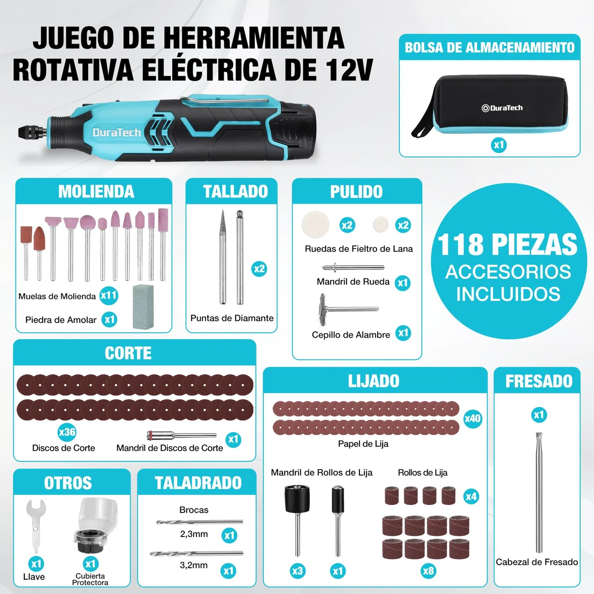 DURATECH Amoladora Inalámbrica de 12V, Multiherramienta Recargable de 35000RPM, Herramienta Rotativa con 118 Accesorios, 7 Velocidades Variables, para Cortar, Tallar, Grabar, Perforar