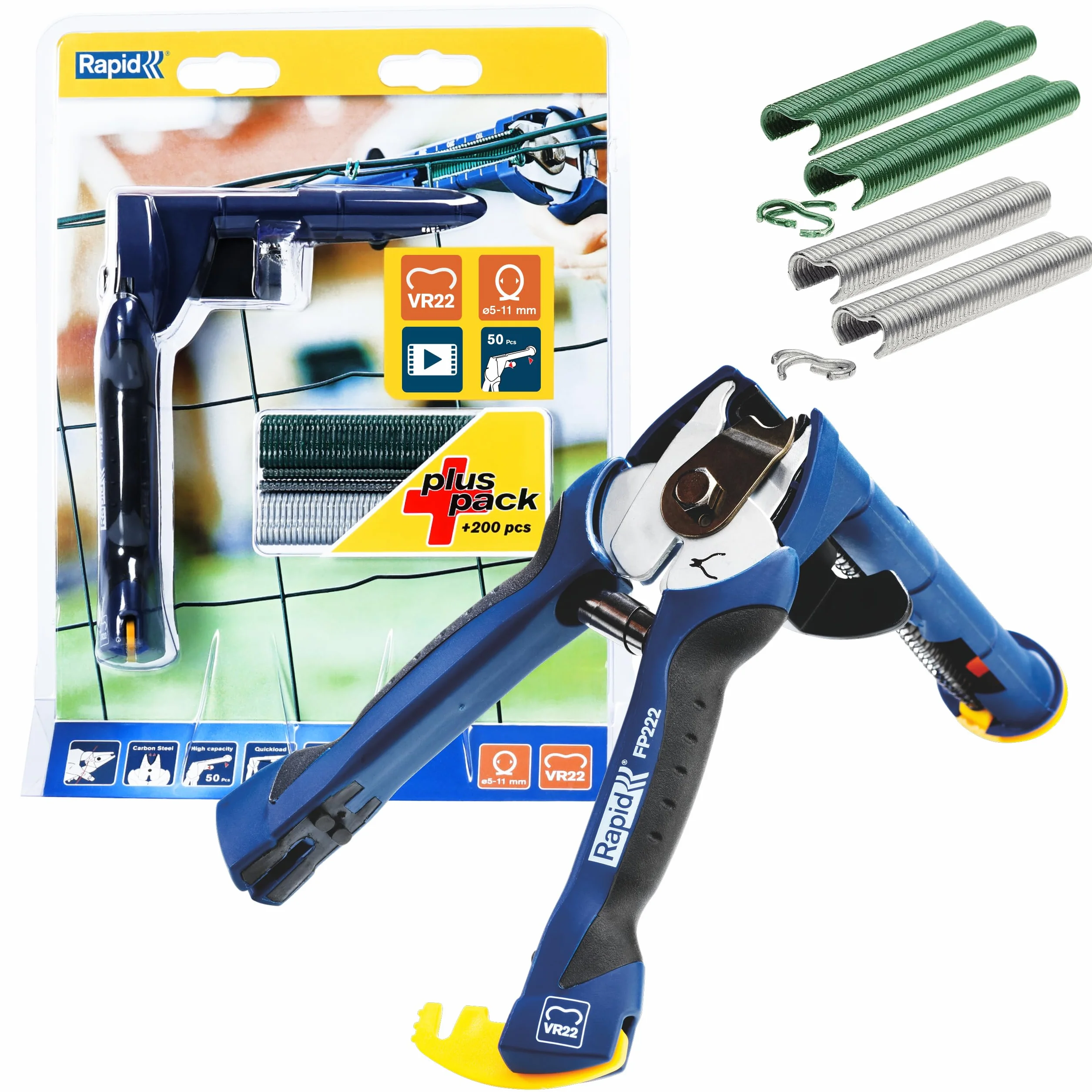 Rapid FP222 Grapadora de Cercas para Grapas VR22 de Gran Capacidad, Mango Ergonómico, Fácil de Guardar, Incluye 200 VR22 Grapas de Cercas (40303112)