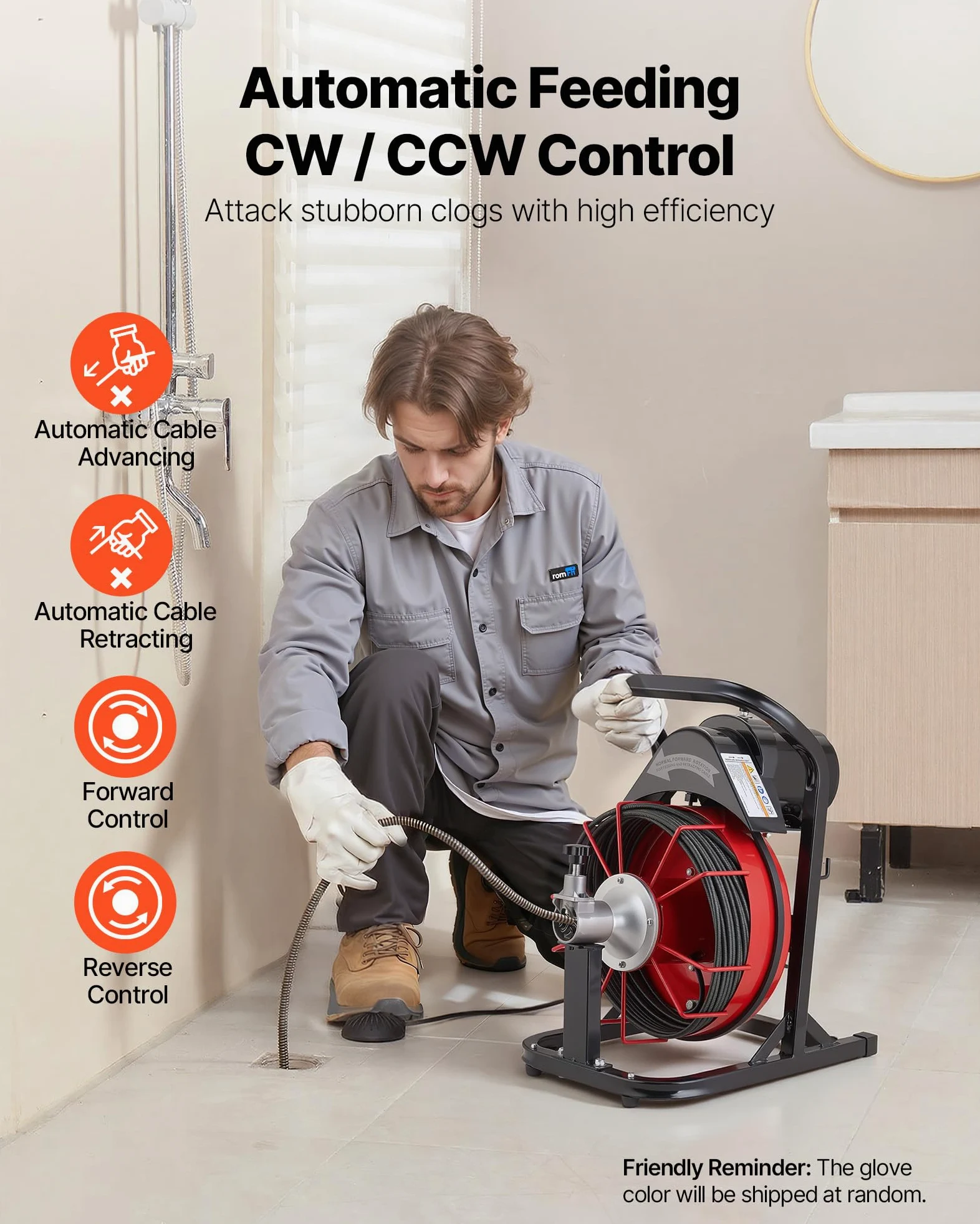 VEVOR Desatascador de Desagües Eléctrico 15m x 8mm Máquina de Limpieza de Tuberías con Alimentación Automática Interruptor de Pedal Neumático Limpiador de Tubos de Drenaje para Tuberías de 5-10 cm