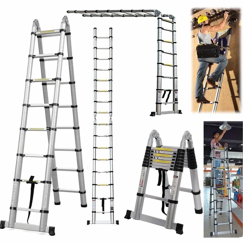 Escala telescópica de Acero Inoxidable, Escalera telescópica Extensible, Escalera telescópica Extensible, Escalera Plegable Loft Ladder,certificada EN131, Resistencia a 150 kg, 5 m (2,5 m + 2,5 m)