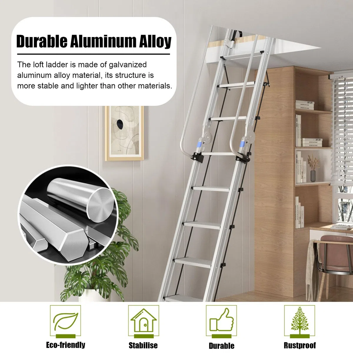 Escaleras para Áticos Escalera Portátil de Aluminio para Ático, Escalera de Escape Plegable para Interiores con Pasamanos y Base de Goma Antideslizante, Escalera Tipo Loft de Carga Alta para Sótano (