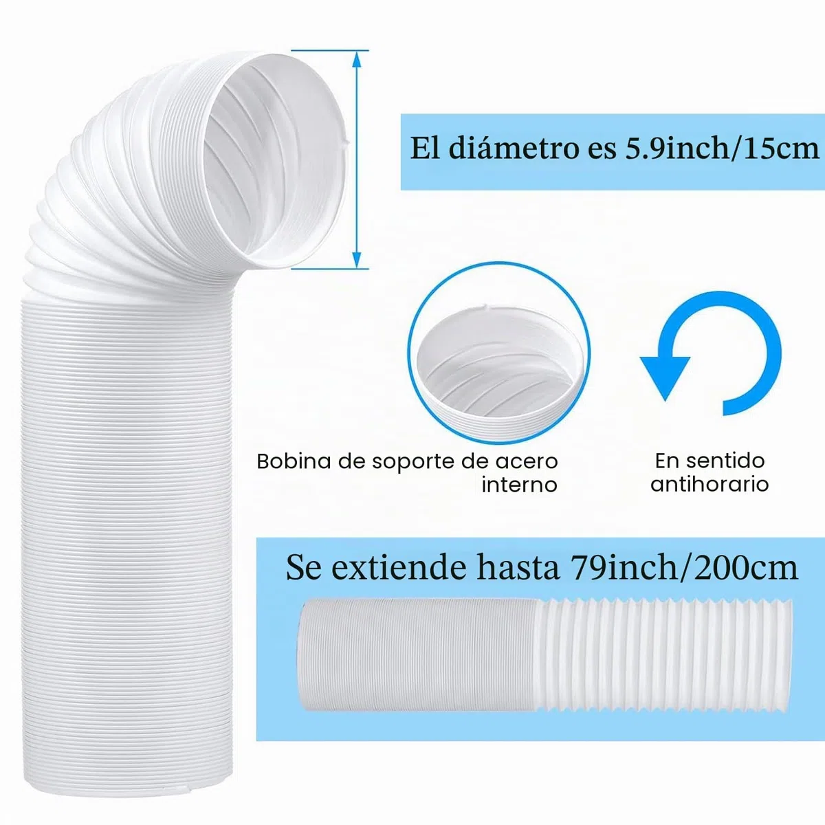 Kit de ventilación de ventanas de aire acondicionado portátil, sello de ventanas de aire acondicionado con mangueras de escape de aire acondicionado de 15cm de diámetro, longitud ajustable de 43-144cm