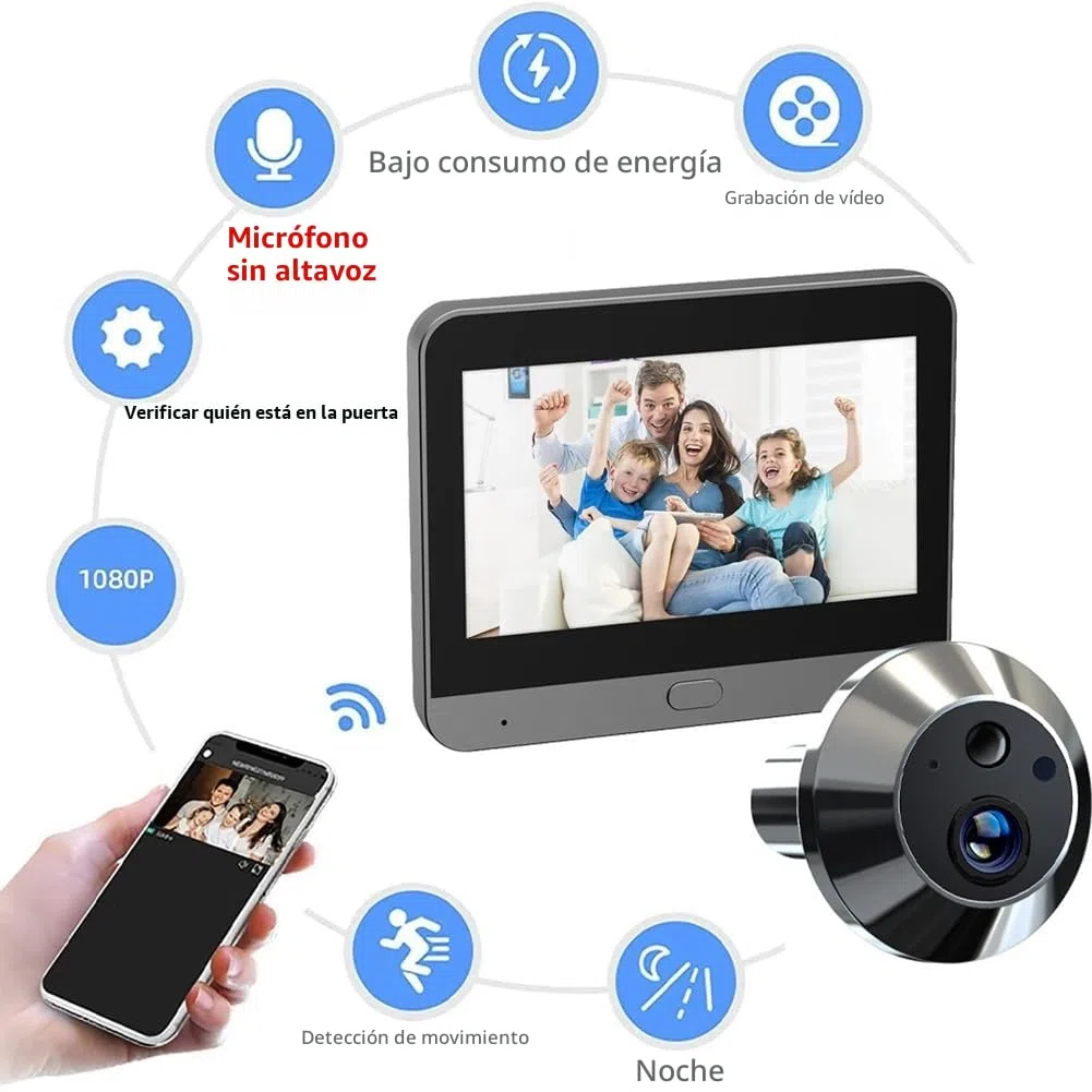 RemixAst - Cámara inteligente para mirilla de puerta con pantalla LCD, videoportero HD 1080P, cámara de seguridad inalámbrica wifi, visión nocturna, sensor de movimiento, para apartamentos y viviendas
