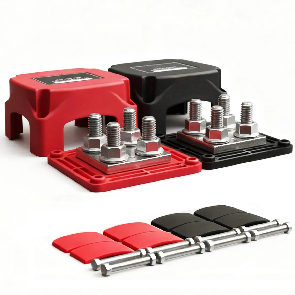 400A Bloques de Distribución de Energía 12V-48V, Caja de Distribución de Barra Colectora, BusBar con 4 Pernos de Terminal M10 para Coche, Camión, RV, Coche, Barco Rojo Negro 2 Piezas