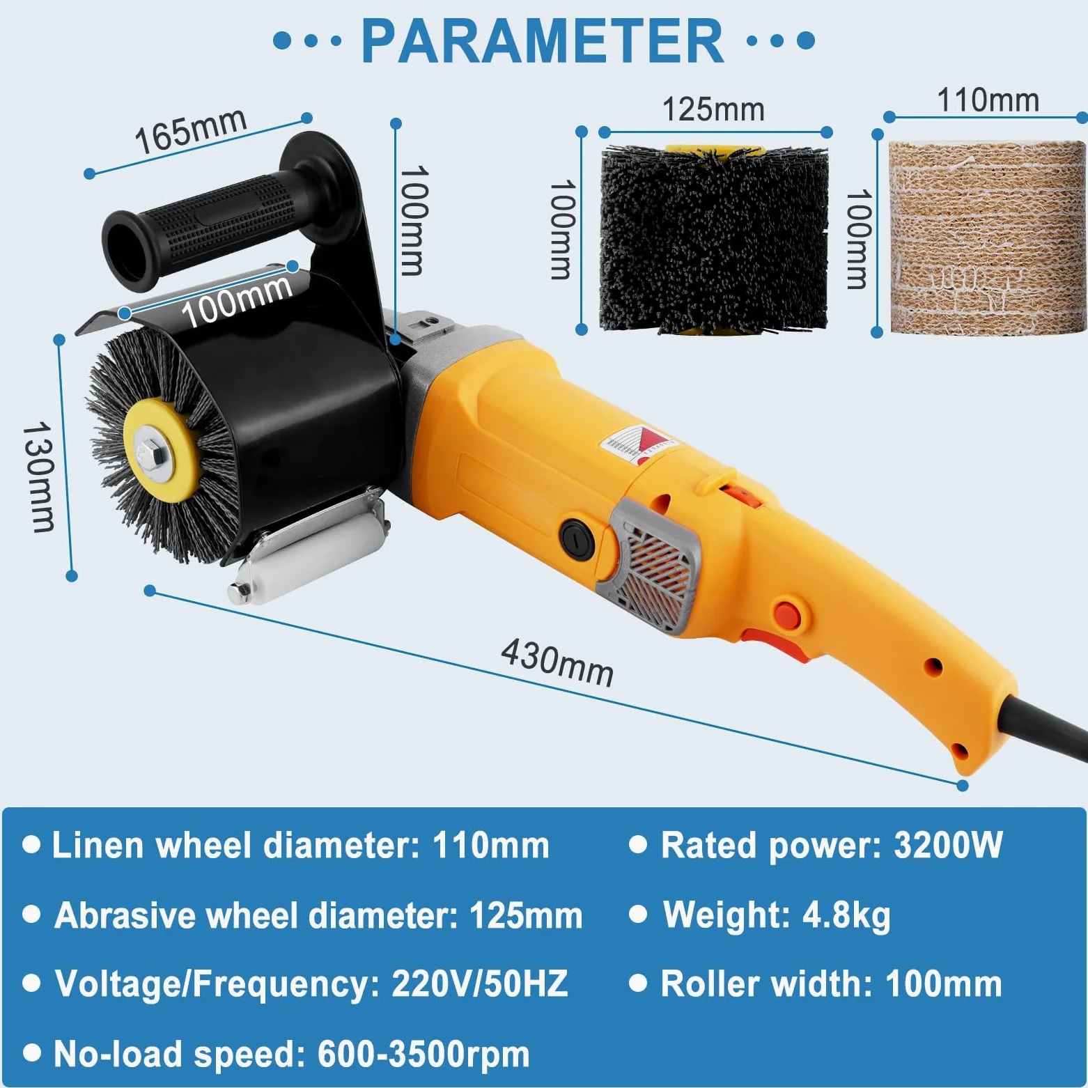 MXBAOHENG Máquina de satinado lijadora de rodillo Pulidora eléctrica de 3200W 8 velocidades ajustables con 1*Rueda de alambre abrasivo y 1*Rueda de lino (amarillo EU)