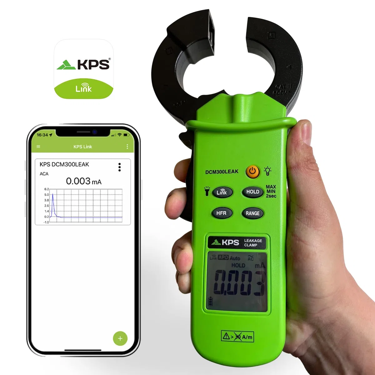 KPS-DCM300LEAK Pinza de Fugas TRMS Corriente AC 60A LPF Filtro Paso Bajo 50-60Hz y 1kHz conexión Bluetooth 6000 Cuentas CAT. III