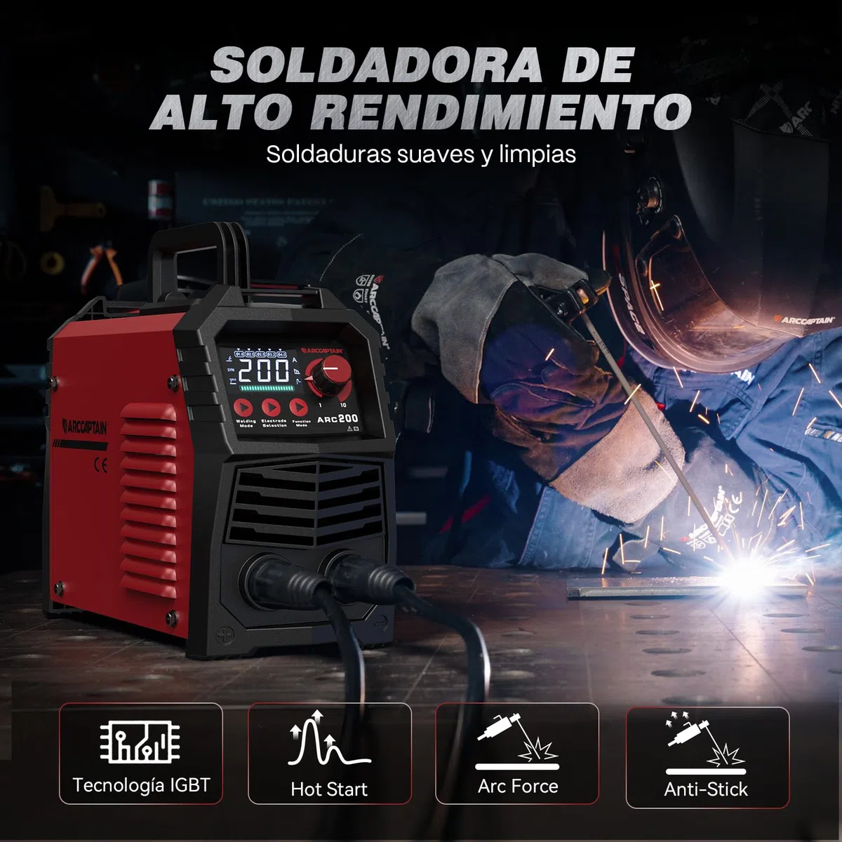 ARCCAPTAIN Soldador Inverter de 200 A con Pantalla LED Grande, Maquina de Soldar TIG ARC/Lift con Control sinérgico, Inversor IGBT, 230V Grupo de Soldar MMA con Hot Start, Arc Force