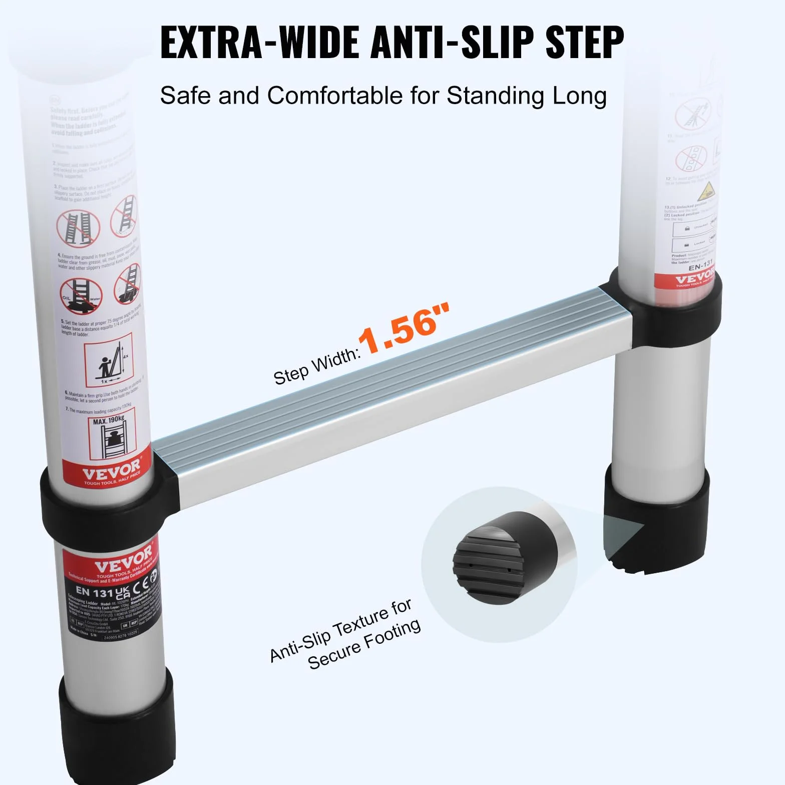 VEVOR Escalera Telescópica, de Aluminio, en Forma de A, Ligera, Plegable, con Retracción de Múltiples Botones, Carga 170 kg, con Barra Estabilizadora, para Vehículos Recreativos, 465 x 165 x 865 mm