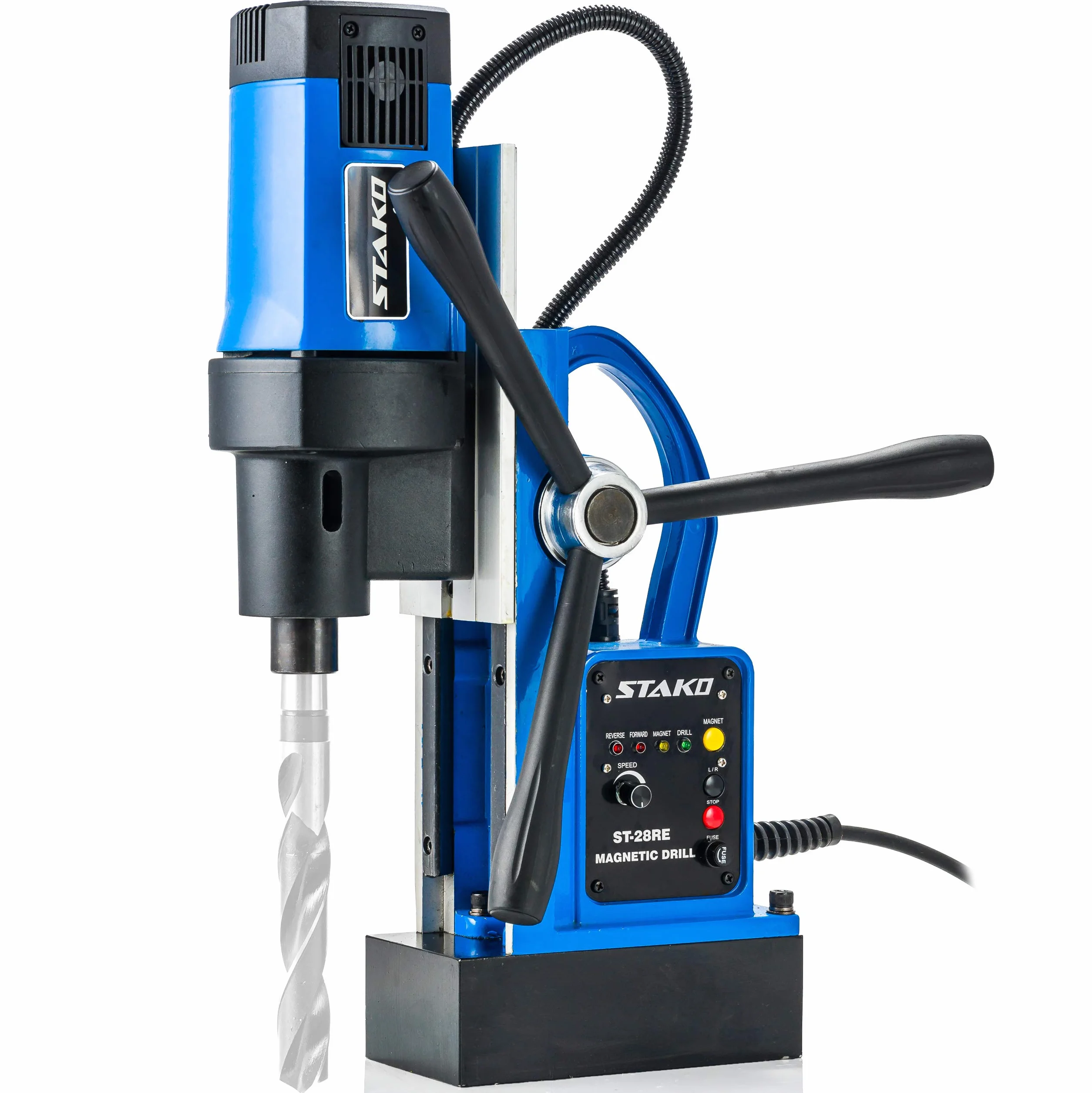 STAKO Taladro magnético de 1800 W con maletín ST-28RE Max.Ø80 mm – Fuerza magnética 16500N – Taladro central portátil para trabajar metal con Weldon 19 mm y portabrocas 3-16 mm y soporte de rosca M3