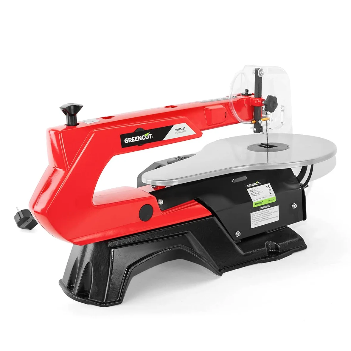 GREENCUT SRM120C - Sierra de marqueteria eléctrica de 120W y velocidad variable 400-1650rpm, longitud hoja 133mm, herramienta para taller y hogar, protector de hoja retráctil