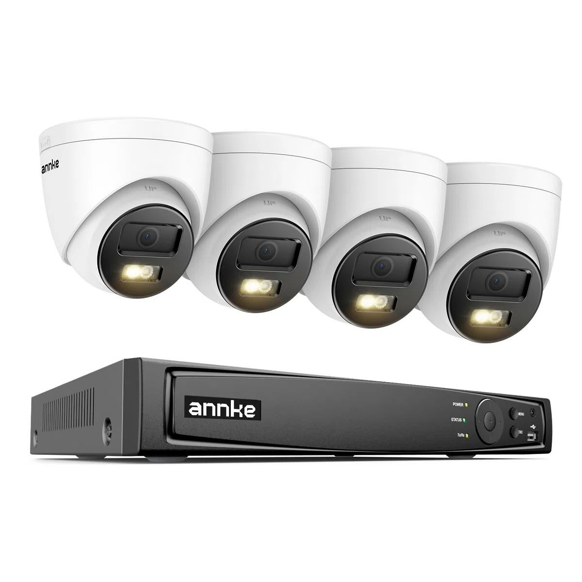 ANNKE Juego de cámaras de vigilancia PoE de 12 MP, 4 cámaras IP PoE de 12 MP con focos, reconocimiento de personas/vehículos, acceso remoto, sistema de cámara NVR de 8 CH para grabación continua 24/7