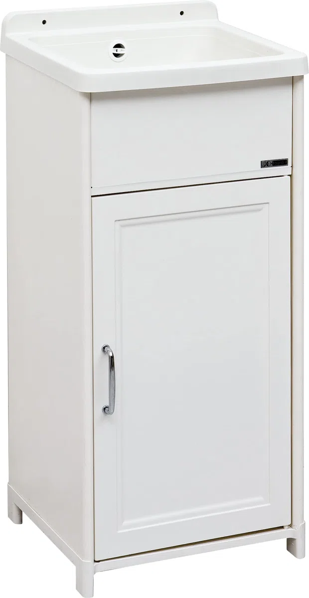 Lavadero de exterior interior resina PP y PVC blanco, reducido 40 x 40 x 86 cm h Pequeñas dimensiones compacto fácil montaje incluido sifonería