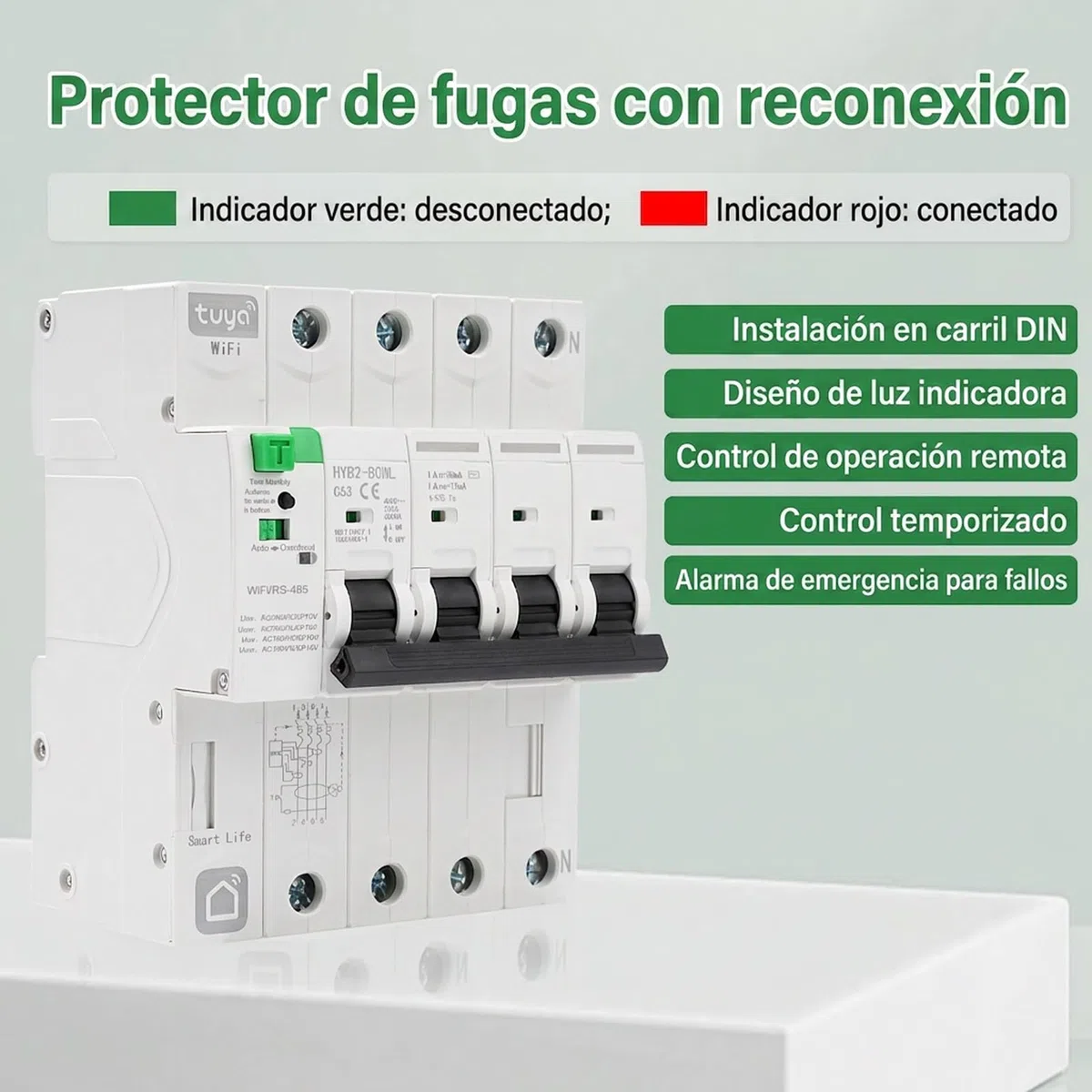 Disyuntor inteligente wifi 63A 30ma magnetotermico 380V 4P TUYA/Smart Life APP Recovery inteligente de reconexion interruptor Proteccion contra fugas contra fugas por subtension.