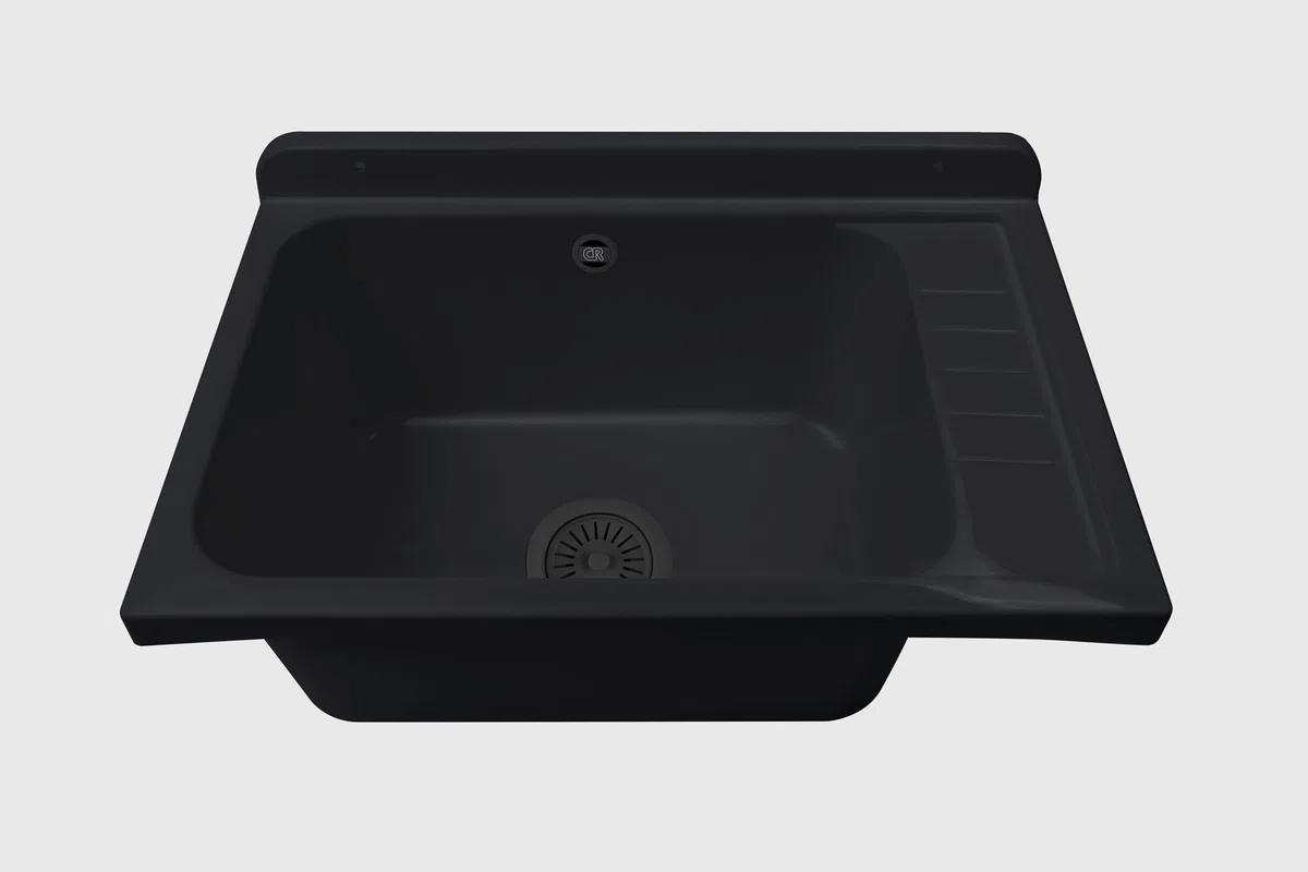 Negrari Fregadero de pared 2051FNAM de polipropileno negro con piletón de metal, resistente a los agentes atmosféricos, incluye kit de fijación y kit de desagüe, para exterior 58 x 38 x 21 cm