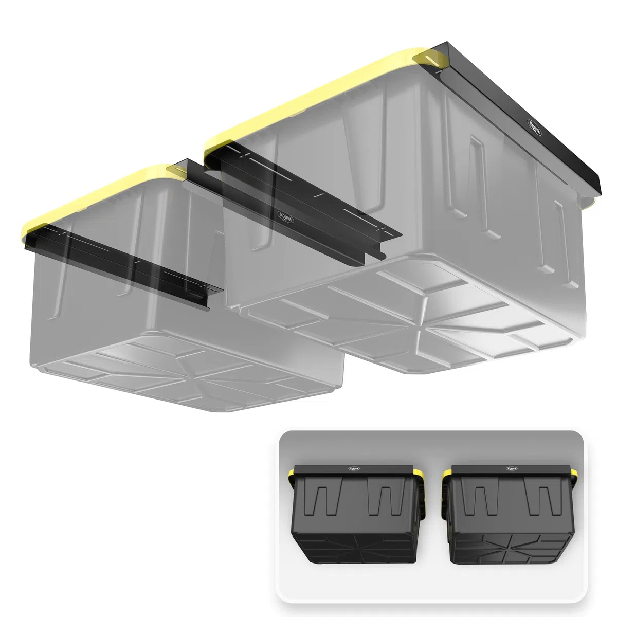 Koova Bastidores de almacenamiento de garaje para contenedores de utilidad, rieles de marco con hardware, ganchos de techo de acero resistente, organización de contenedores, sistema de montaje de