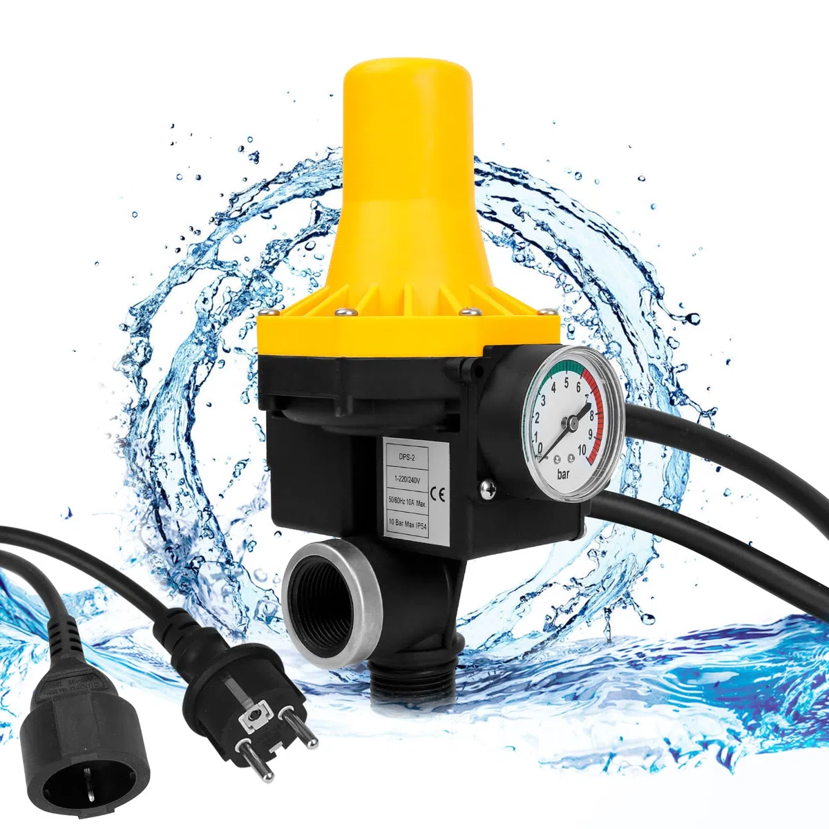 Control electrónico de la bomba 1100 W 9000 l/h, interruptor de presión para agua, 10 bares de presión con cable, interruptor de presión IP65 para bombas de agua (1,5-3 bares)
