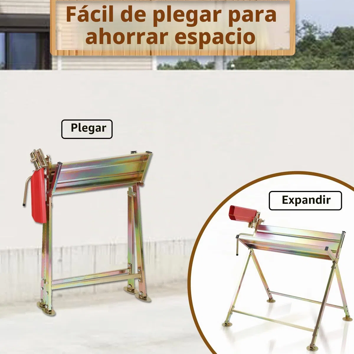 Sonnewelt Caballete de sierra plegable de madera con componentes galvanizados, para leña y motosierras, capacidad de carga hasta 150 kg, Dorado
