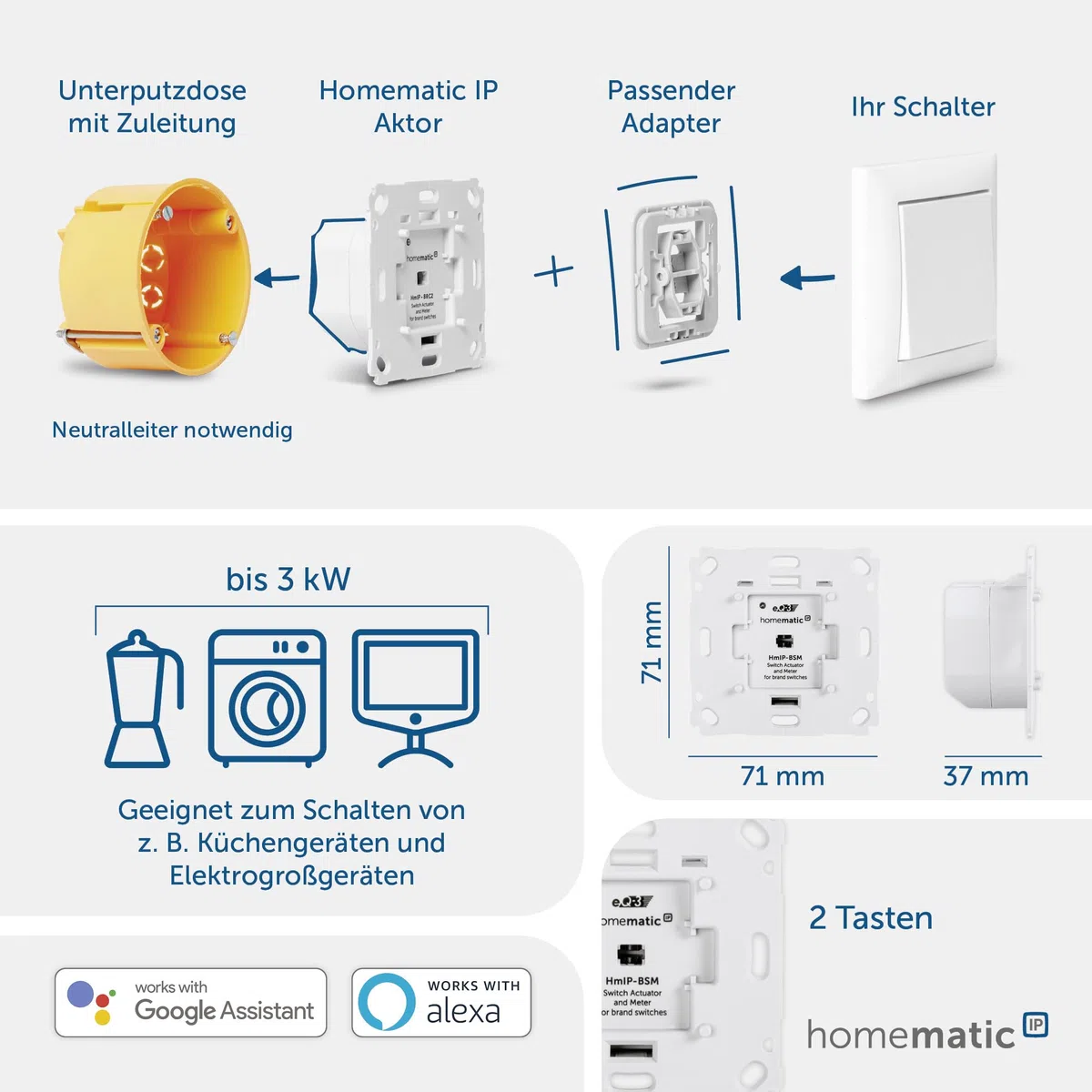 Homematic IP 142720A0A/142720A0B, Actuador de atenuación para interruptores de marca