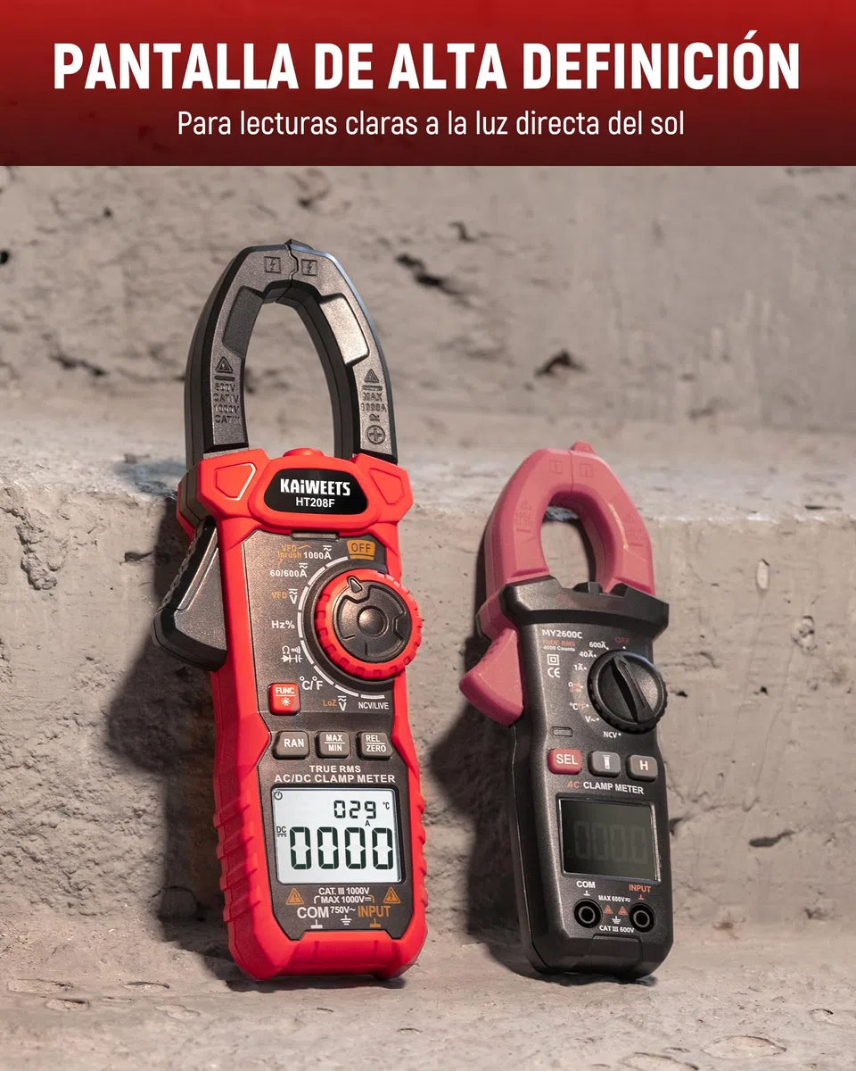 Pinza Amperimétrica KAIWEETS 1000A CA/CC, Pinza Amperimetrica De Conteo HT208F 6000, Modo Vfd y Loz, Pantalla Mejorada en Blanco y Negro, AC/DC, Resistencia, Capacitancia, Medición De Sobrecorriente