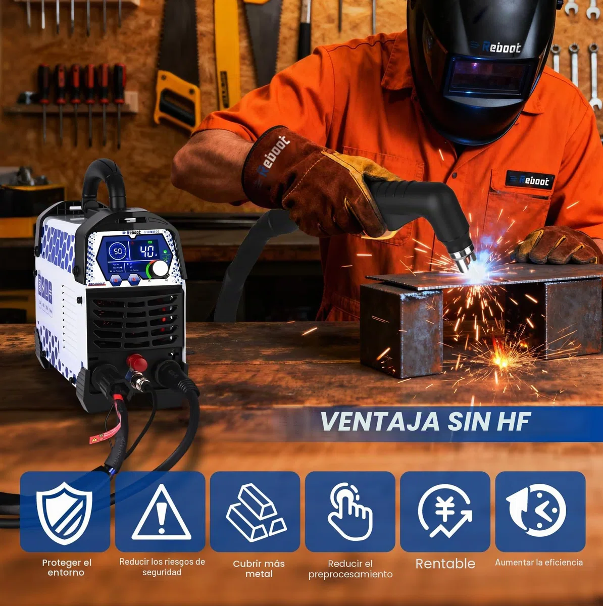 Reboot Cortador de Plasma Baja Frecuencia 40A 230V IGBT – Encendido Piloto Sin Contacto, Corte Máx. 25 mm, Modo 2T/4T para Acero Inoxidable, Cobre, Latón – RBC4000LF