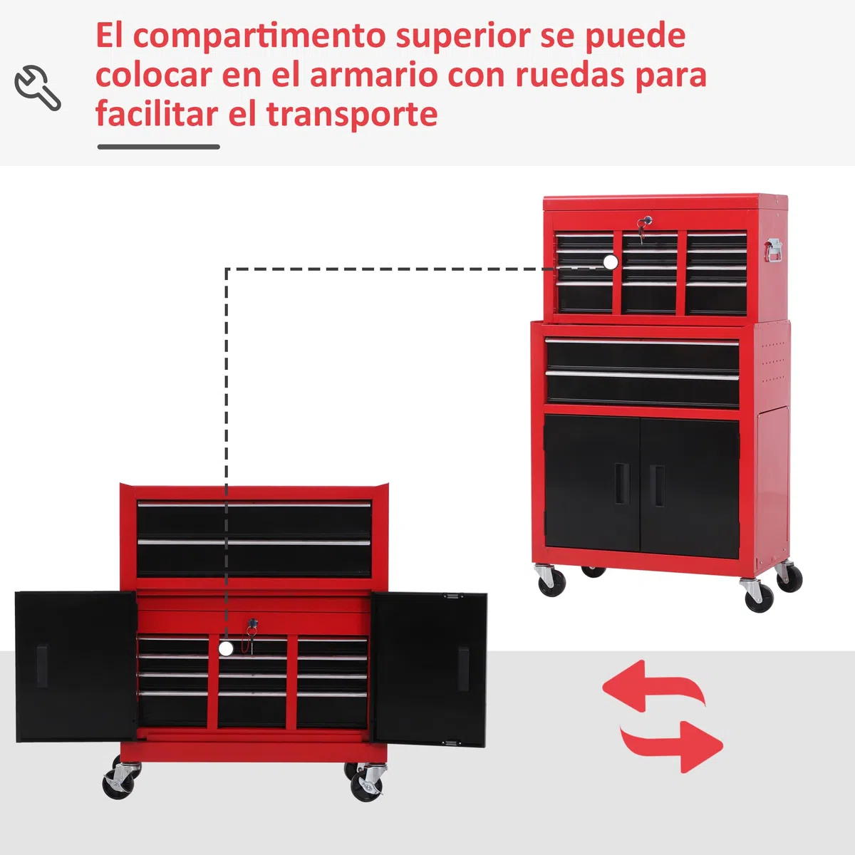 HOMCOM Carro de Herramientas con Baúl Superior, 2 en 1, Carro de Taller con 6 Cajones, Armario, Cerradura, 4 Ganchos, 2 Ruedas con Freno de Bloqueo, para Garaje, Hogar, Rojo