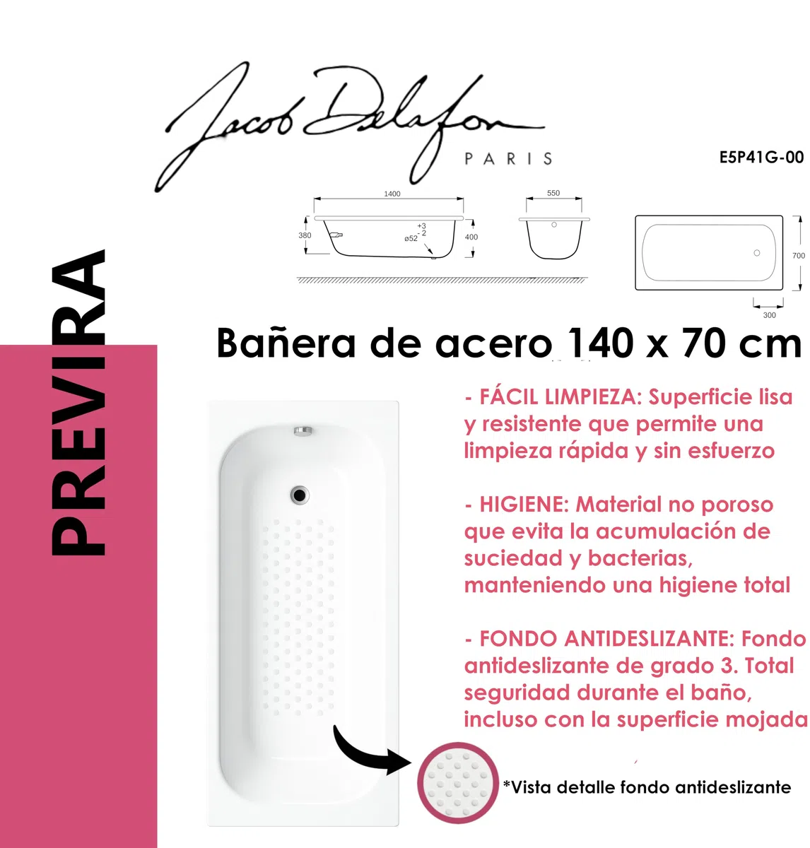 JACOB DELAFON Bañera de acero 140x70 cm rectangular PREVIRA Antideslizante Desagüe incluido Color Blanco Máxima higiene Fácil limpieza y mantenimiento E5P41G-00