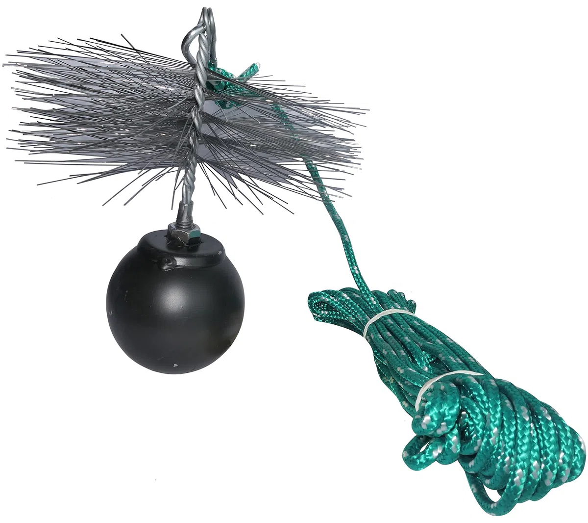 AERZETIX Juego Deshollinador Cepillo Metálico Ø200mm Cuerda Ø5mm 10m | Bola 1.8kg, Mosquetón, Herramientas limpieza chimeneas, C49985
