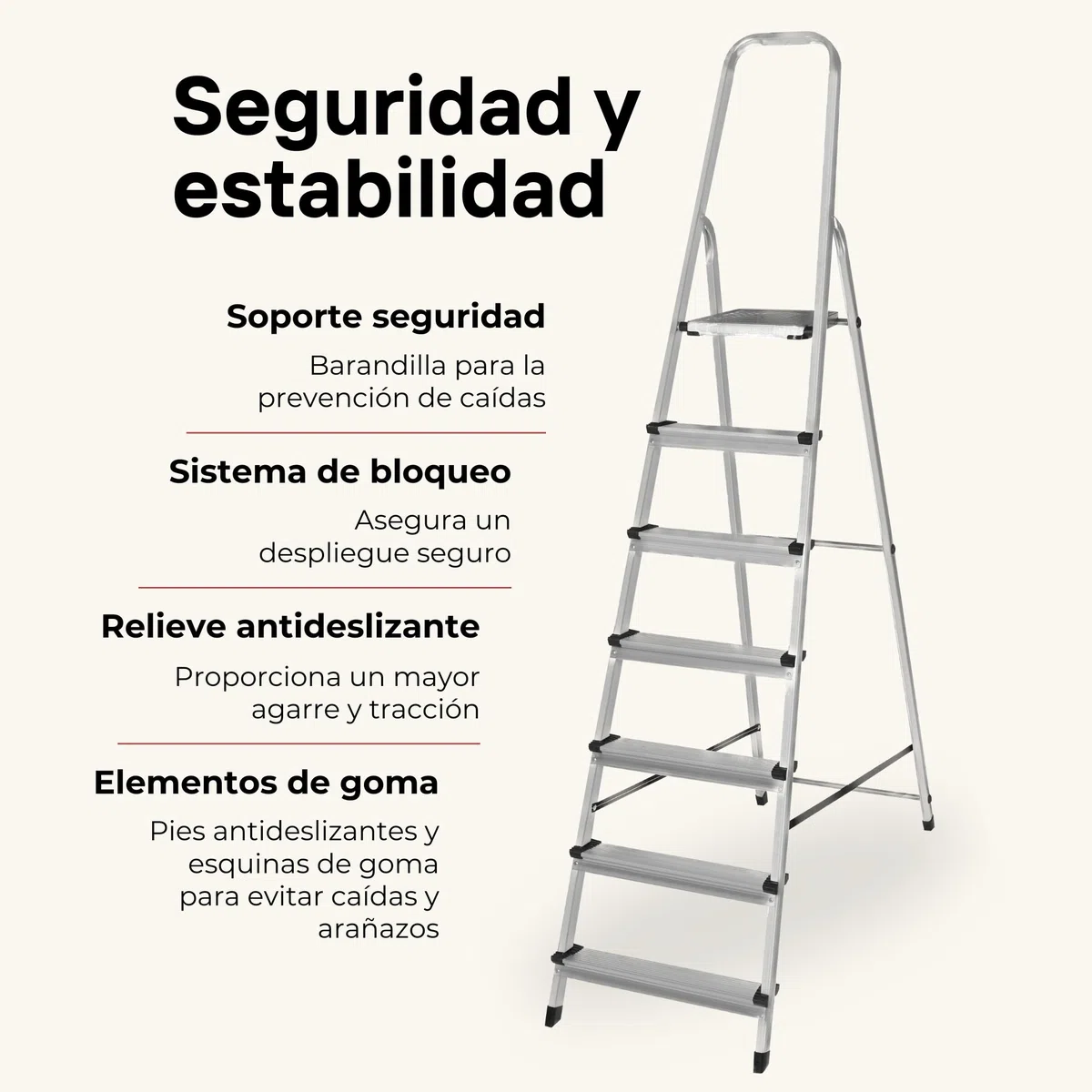 Escalera Plegable 7 Peldaños de Aluminio Homologada - Fabricada en Europa - Antideslizante, Resistente y Segura - Carga máx. 150 kg, Altura útil: 147 cm