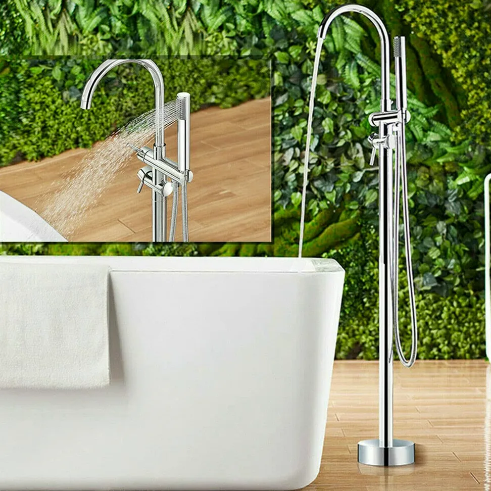 Grifo para bañera de pie independiente, retro, de pie, de cobre, acero inoxidable, montaje en el suelo