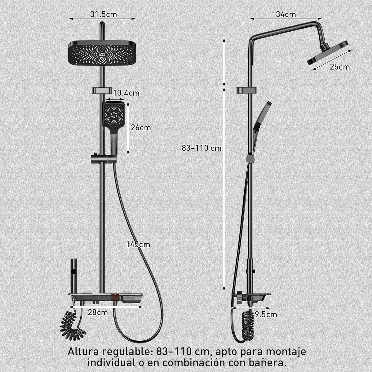 Columna Ducha con Grifo, Panel Control Piano 4 Modos y Altura Ajustable, Cabezal de Ducha XL estilo Lluvia, Ducha de Mano, Rociador auxiliar y Grifo Cascada, Grifo Ducha Termostatico Bañera