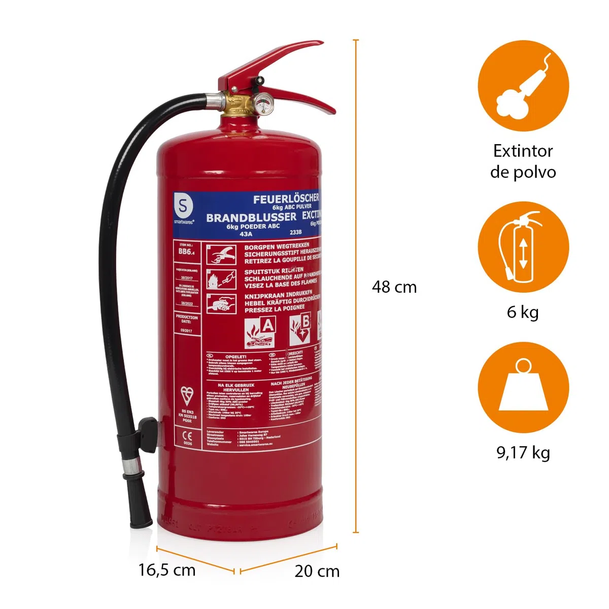Smartwares Extintor de polvo - 6 kg - para incendios ABC - Adecuado para vehículos grandes y viviendas - Soporte de montaje incluido - FEX-15162
