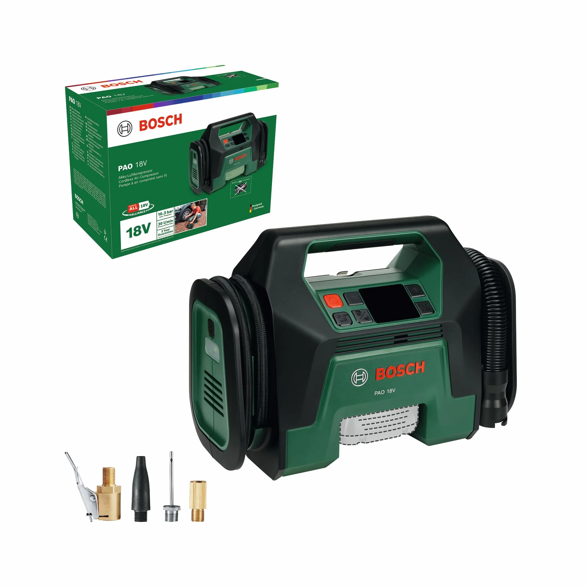 Bosch compresor de aire a batería PAO 18V (infla desde neumáticos a inflables grandes; clip aire comprimido válvula de neumáticos, válvula francesa, boquilla balones, adaptador volumen incl.)