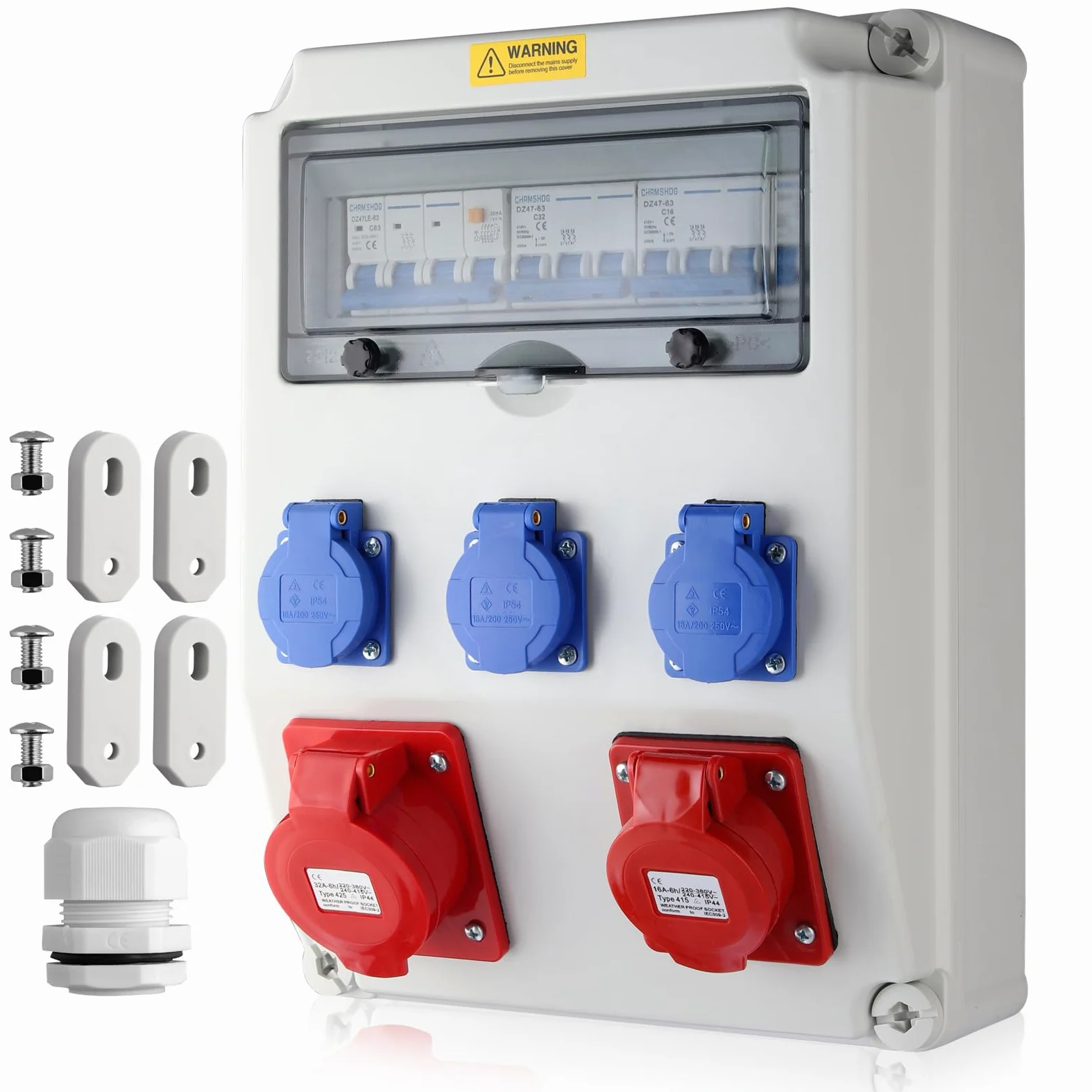 EYPINS Distribuidor de Corriente para Construcción con LS+FI, Distribuidor de Pared 3x 230V Enchufes Schuko 16A+Enchufes CEE 16A+32A, IP66, ABS Ignífugo para Interiores, Exteriores, Talleres y Fábrica