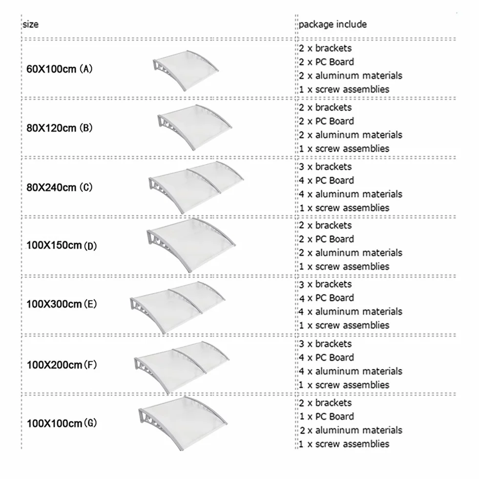 Marquesina para Puerta de Entrada WOD, Plástico, Aluminio, Arco de Escritorio, Transparente, Toldos para Ventanas (80x120cm)