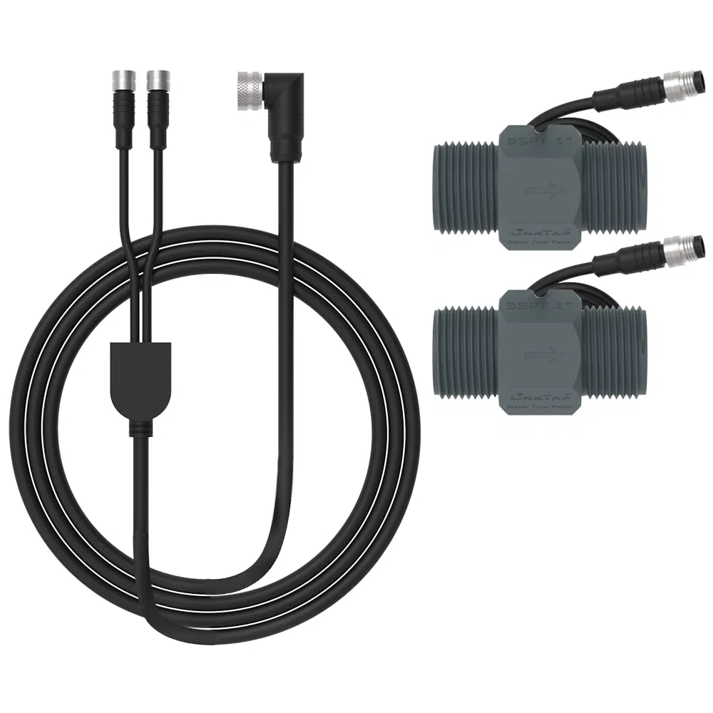 LinkTap Medidor de Flujo BSPT de 1" x 2 y Cable de conexión 2 en 1 de 1,5 m, Utilizado 2-Zone ValveLinker, Compatible con Cables de extensión 2/5/10 m