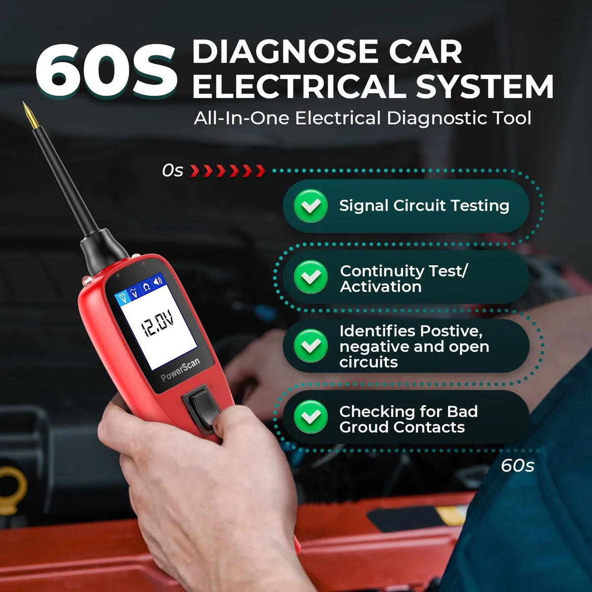 Autel® PowerScan PS100 Probador Circuitos, Pantalla LCD 12V-24V Sonda de Circuito, Detector Cortocircuito, Interruptor Abierto, Multímetro Digital, Prueba Resistencia Relés&Diodos, Verificación Tierra